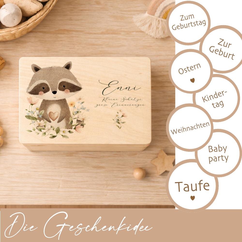 Personalisierte Erinnerungsbox aus Holz mit Namen – Süße Waldtiere Motive im Boho-Stil – Erinnerungskiste zur Geburt & Taufe