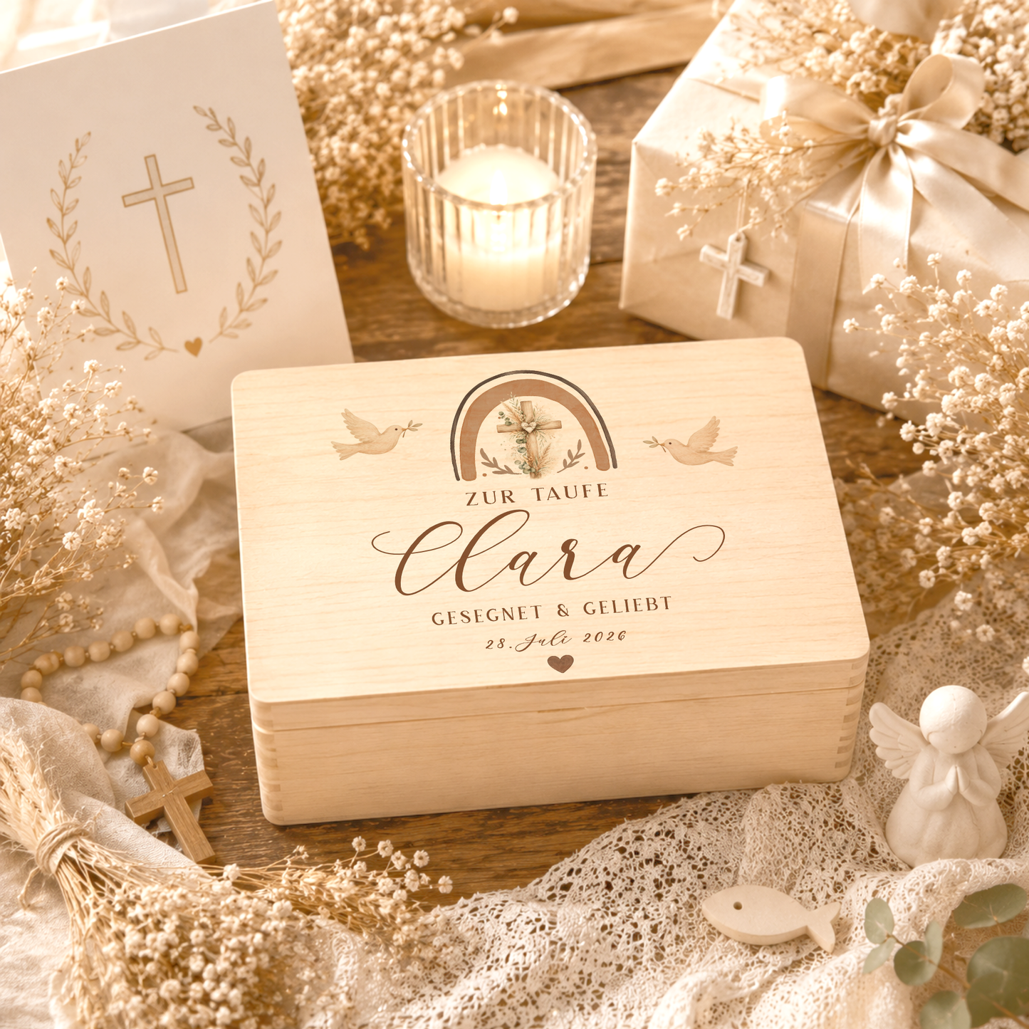 Personalisierte Erinnerungskiste Taufe mit Namen & Datum | Taufgeschenk Mädchen Junge | Holzbox Taufe | Geschenk zur Taufe Erinnerungsbox