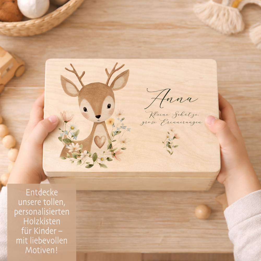 Personalisierte Erinnerungsbox aus Holz mit Namen – Süße Waldtiere Motive im Boho-Stil – Erinnerungskiste zur Geburt & Taufe