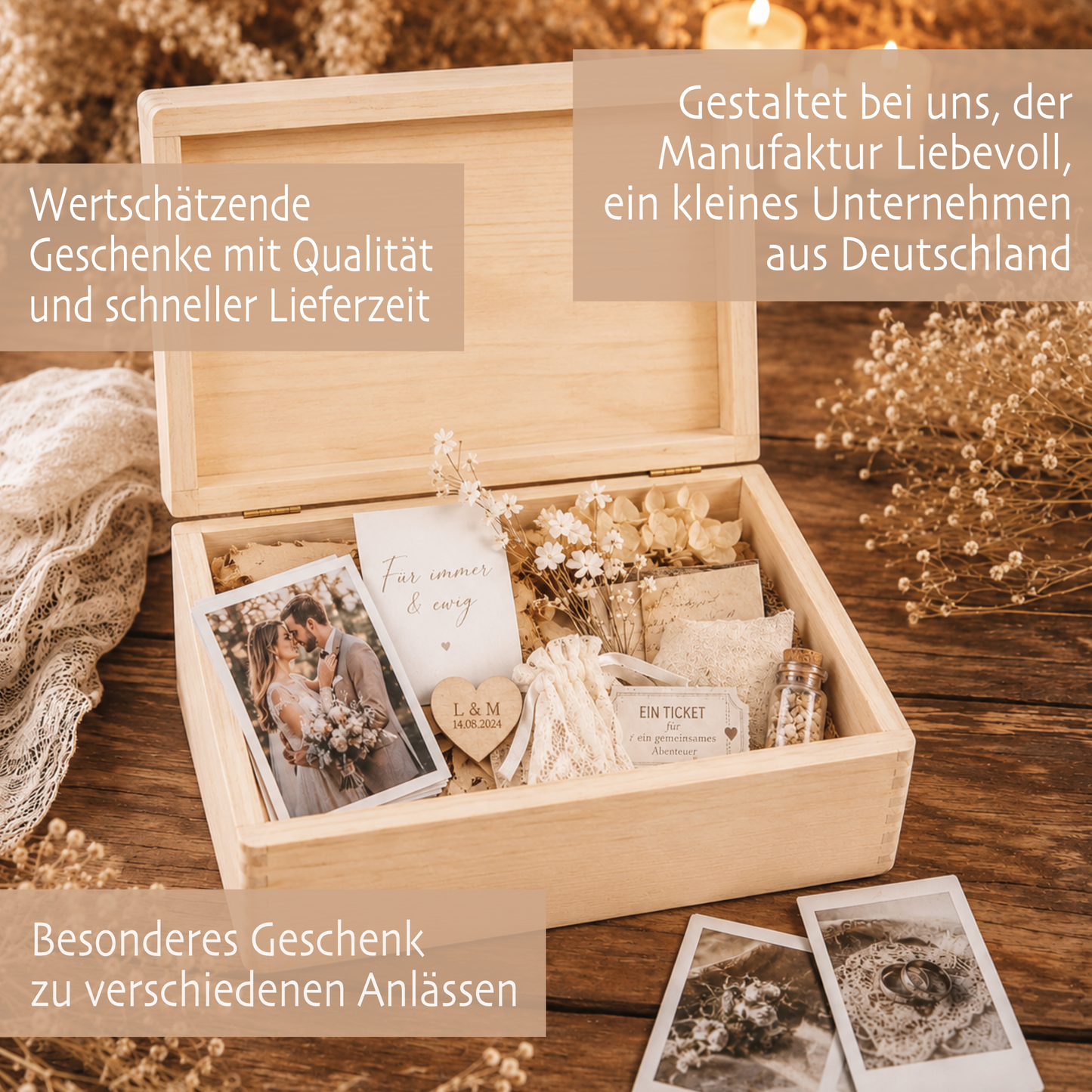 Personalisierte Holzbox mit Wunschtext, Erinnerungskiste mit Namen, Geschenk Geburtstag Hochzeit Abschied Dankeschön Holzkiste Geldgeschenk