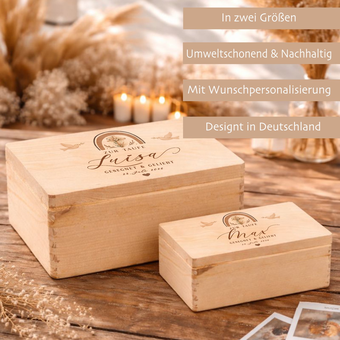 Personalisierte Erinnerungskiste Taufe mit Namen & Datum | Taufgeschenk Mädchen Junge | Holzbox Taufe | Geschenk zur Taufe Erinnerungsbox