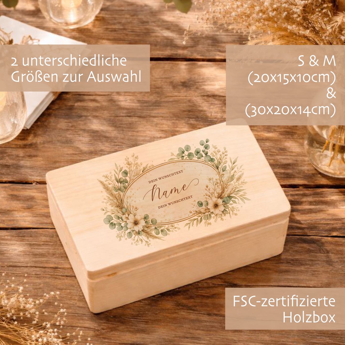 Personalisierte Holzbox mit Wunschtext, Erinnerungskiste mit Namen, Geschenk Geburtstag Hochzeit Abschied Dankeschön Holzkiste Geldgeschenk