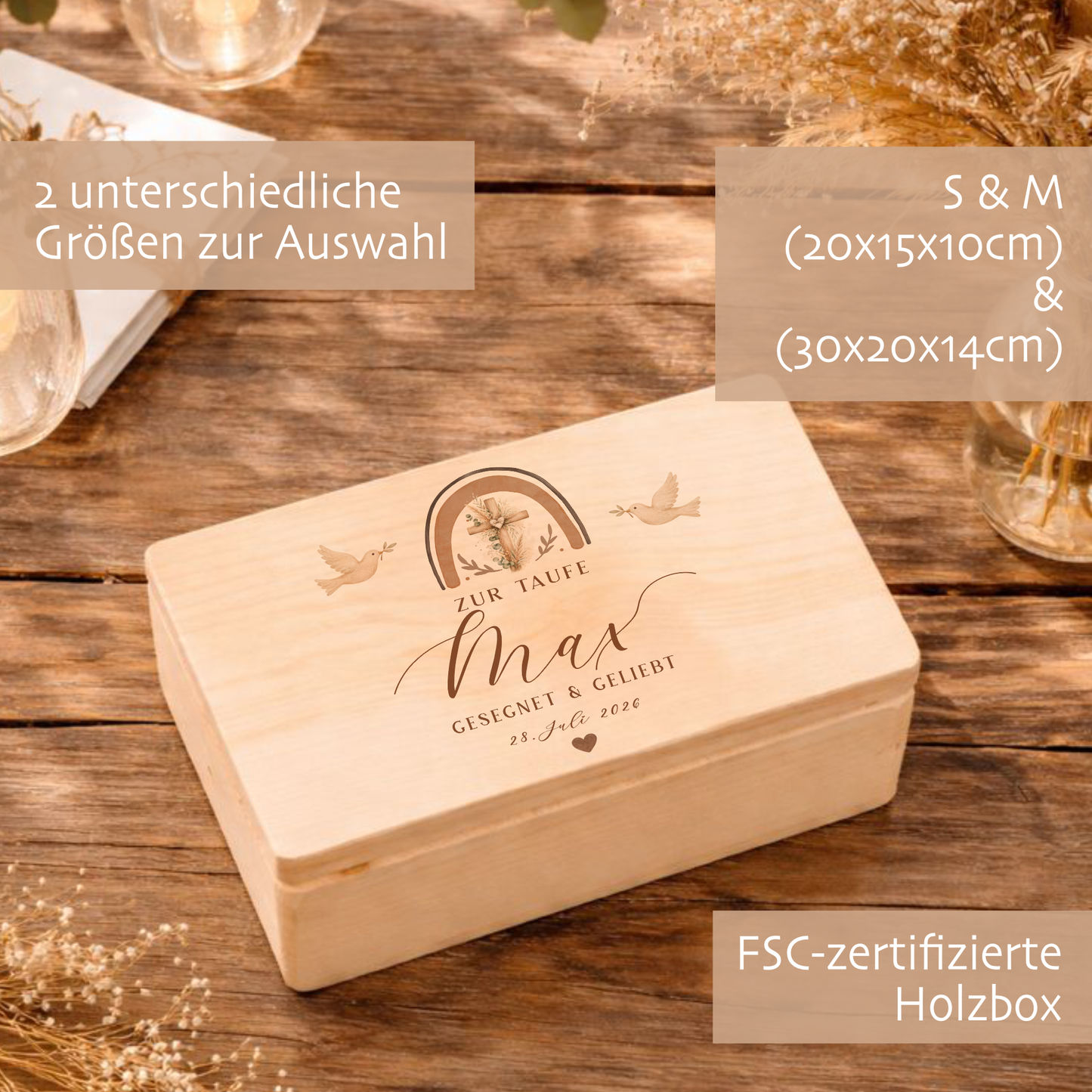 Personalisierte Erinnerungskiste Taufe mit Namen & Datum | Taufgeschenk Mädchen Junge | Holzbox Taufe | Geschenk zur Taufe Erinnerungsbox