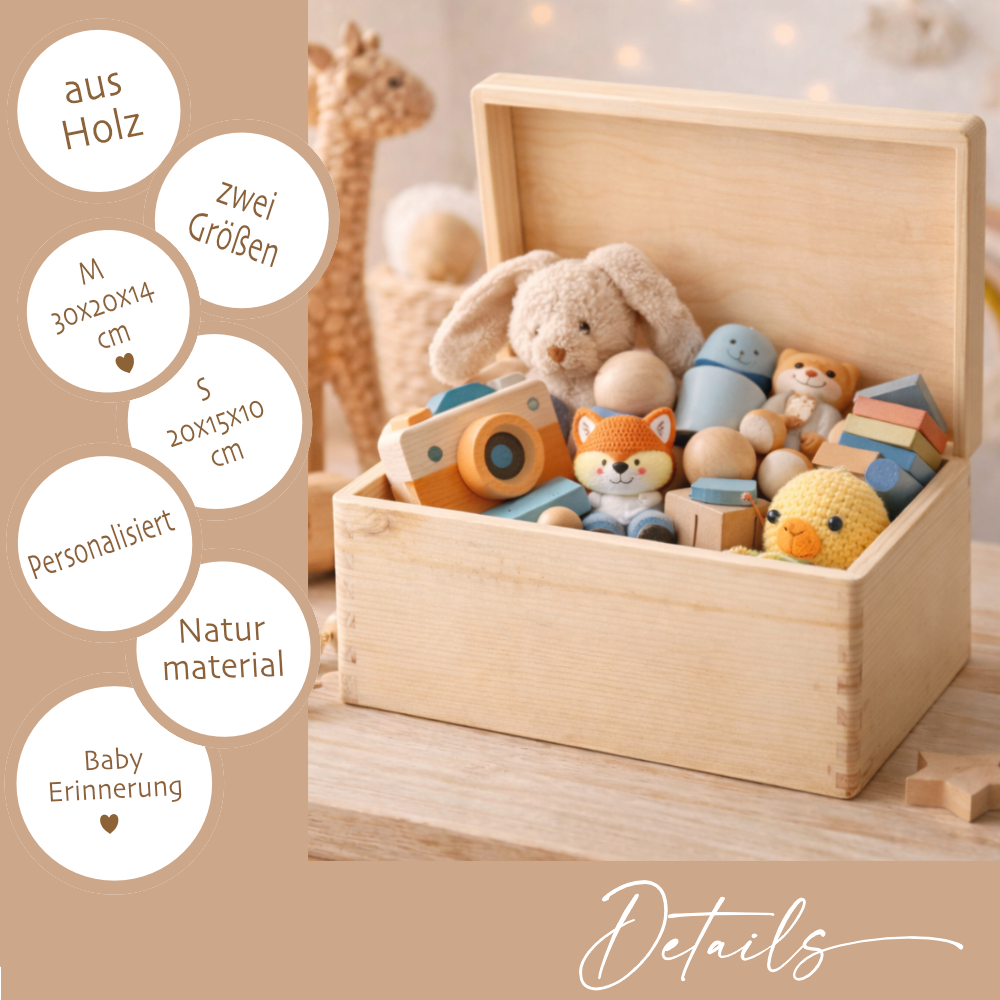 Personalisierte Erinnerungsbox aus Holz mit Namen – Süße Waldtiere Motive im Boho-Stil – Erinnerungskiste zur Geburt & Taufe