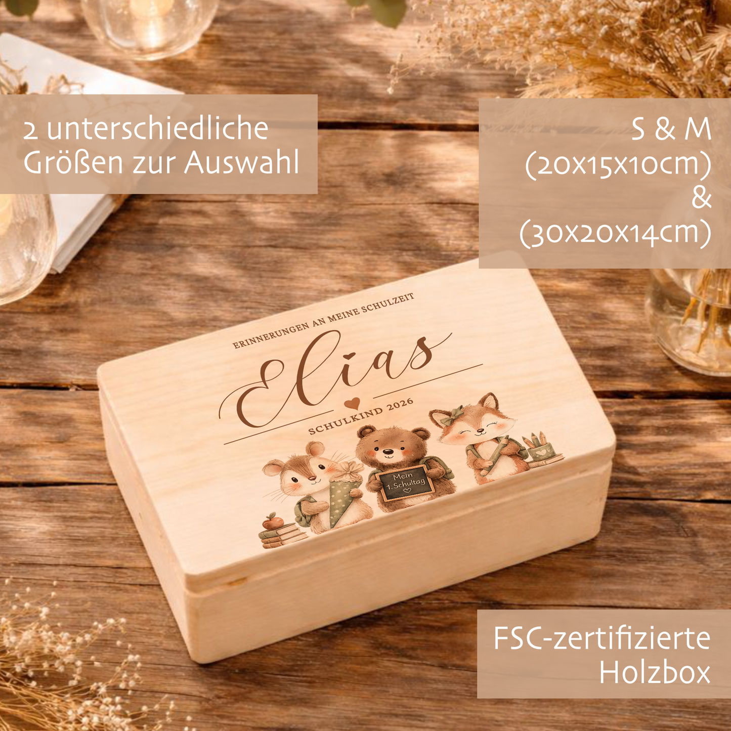 Erinnerungskiste Einschulung mit Namen | Schulkind 2026 | Personalisierte Holzbox