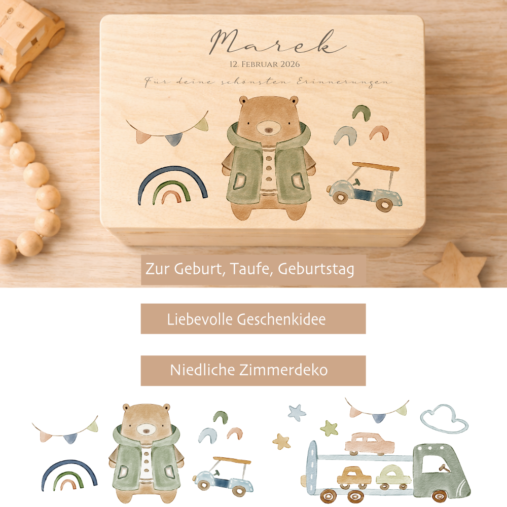 Personalisierte Holzkiste mit Name – Erinnerungskiste für Jungen mit Auto Motiv – Geschenk zur Geburt oder Taufe – 2 Größen