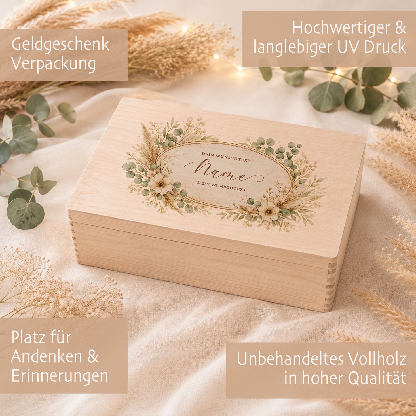 Personalisierte Holzbox mit Wunschtext, Erinnerungskiste mit Namen, Geschenk Geburtstag Hochzeit Abschied Dankeschön Holzkiste Geldgeschenk