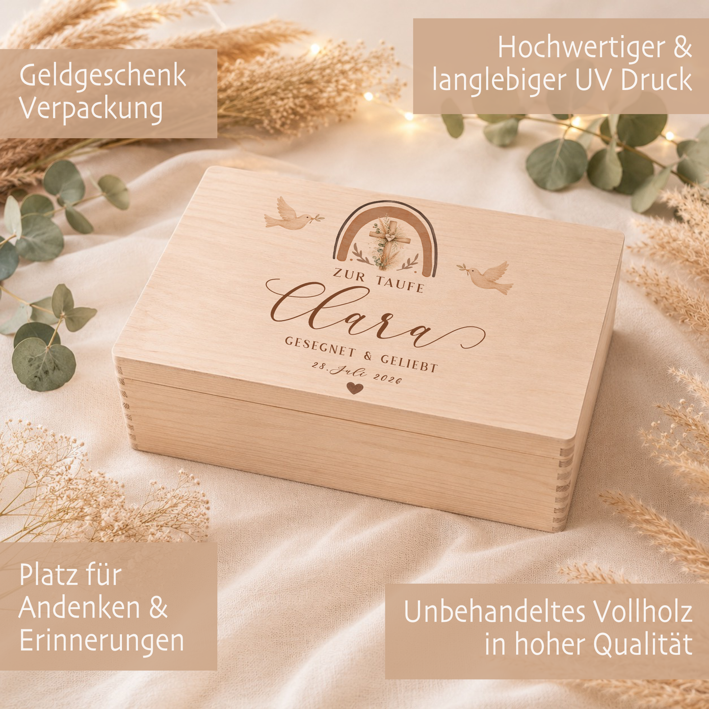 Personalisierte Erinnerungskiste Taufe mit Namen & Datum | Taufgeschenk Mädchen Junge | Holzbox Taufe | Geschenk zur Taufe Erinnerungsbox