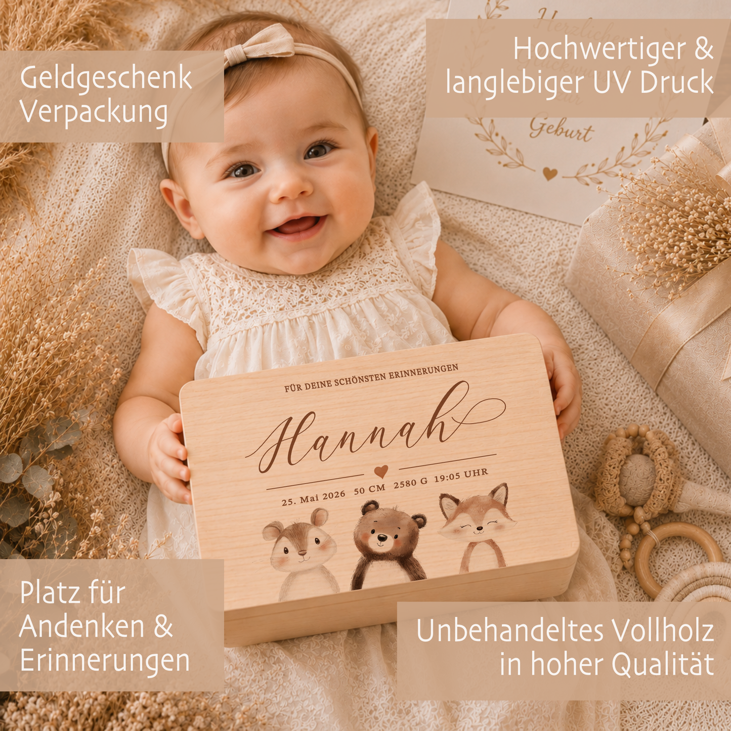 Personalisierte Erinnerungskiste Baby mit Geburtsdaten | Geschenk zur Geburt | Taufgeschenk mit Namen Holzkiste Baby Babybox personalisiert
