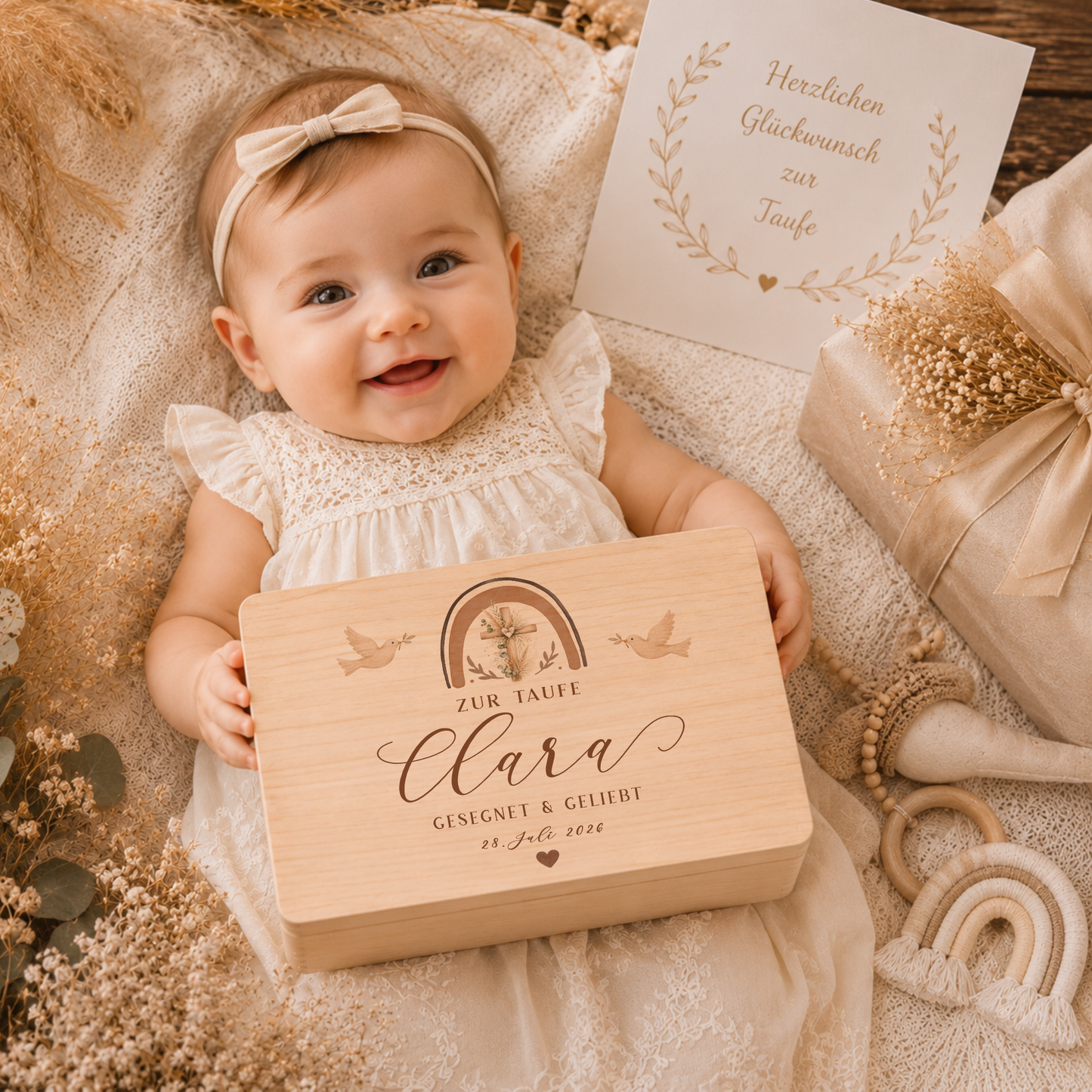 Personalisierte Erinnerungskiste Taufe mit Namen & Datum | Taufgeschenk Mädchen Junge | Holzbox Taufe | Geschenk zur Taufe Erinnerungsbox