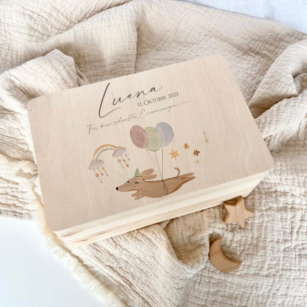Personalisierte Erinnerungsbox aus Holz mit Motiv "Hund" für Babys, Kinder