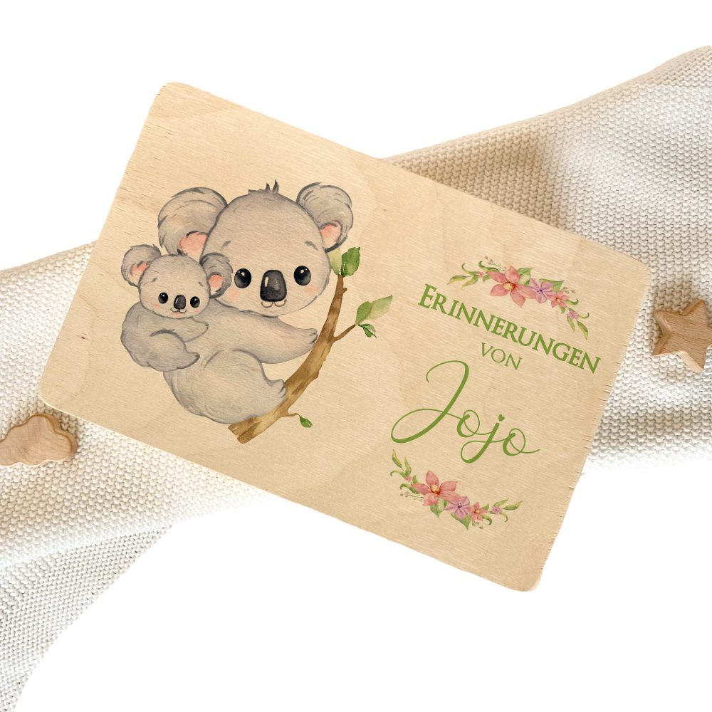 Personalisierte Erinnerungskiste mit Koala Motiv für Babys zur Geburt und Taufe, Babygeschenk mit dem Namen, Holzkiste