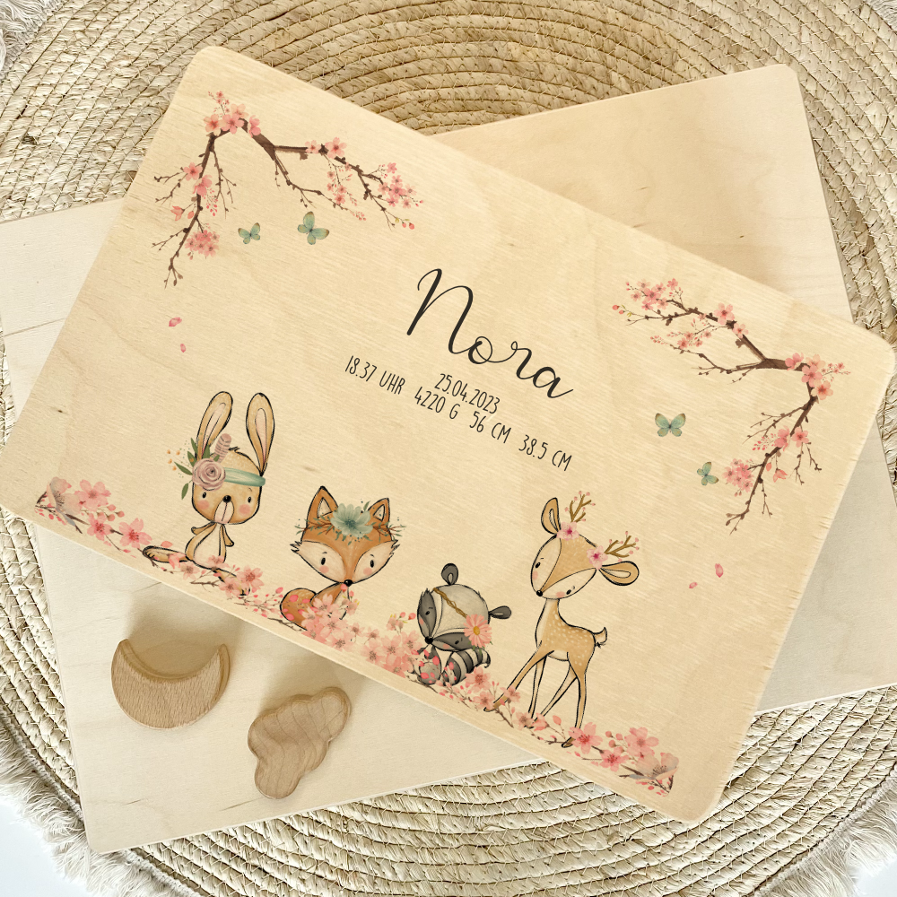 Personalisierte Erinnerungskiste "Tiere Boho" als Motiv für Babys zur Geburt und Taufe, Babygeschenk mit dem Namen, Holzkiste
