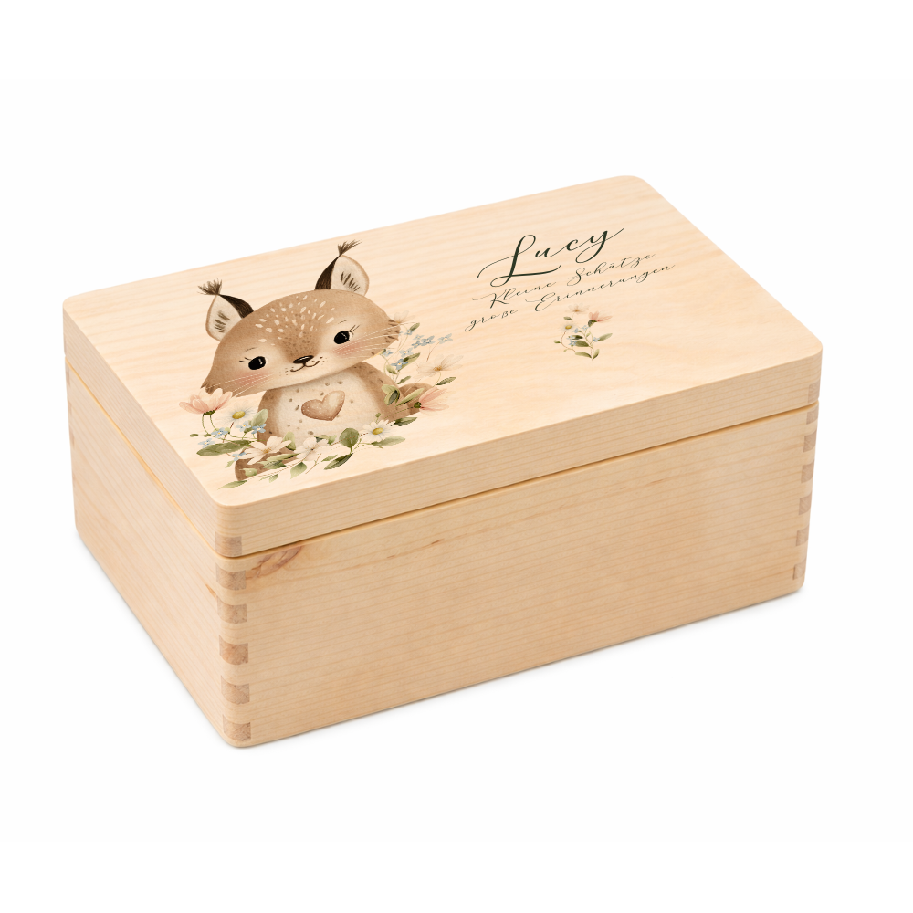 Personalisierte Erinnerungsbox aus Holz mit Namen – Süße Waldtiere Motive im Boho-Stil – Erinnerungskiste zur Geburt & Taufe