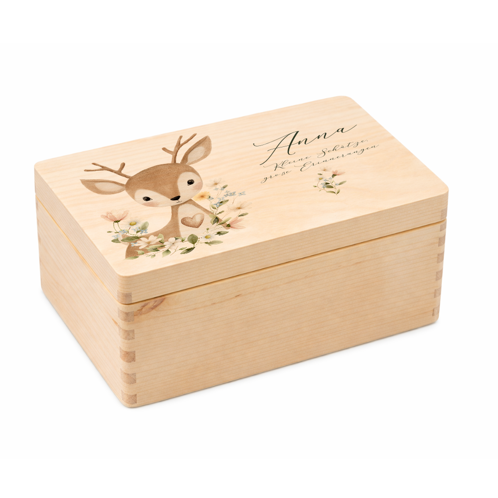 Personalisierte Erinnerungsbox aus Holz mit Namen – Süße Waldtiere Motive im Boho-Stil – Erinnerungskiste zur Geburt & Taufe