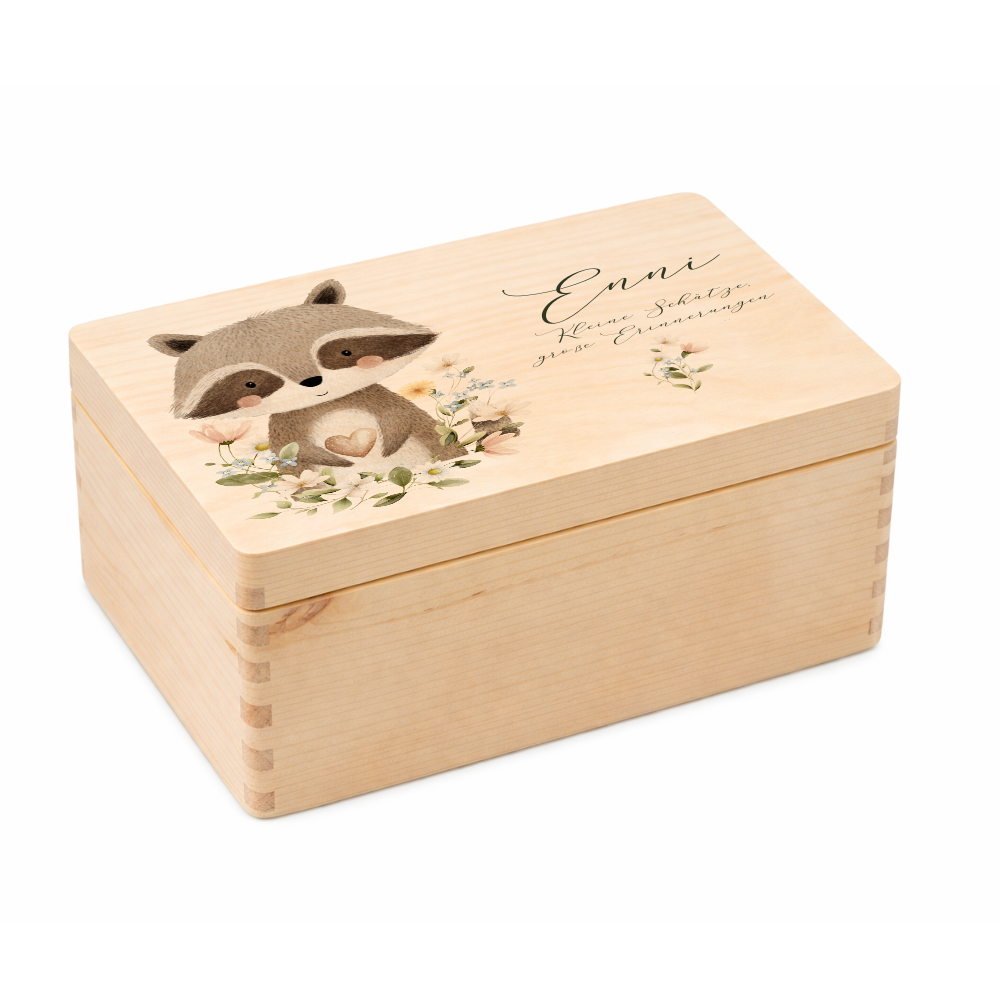 Personalisierte Erinnerungsbox aus Holz mit Namen – Süße Waldtiere Motive im Boho-Stil – Erinnerungskiste zur Geburt & Taufe
