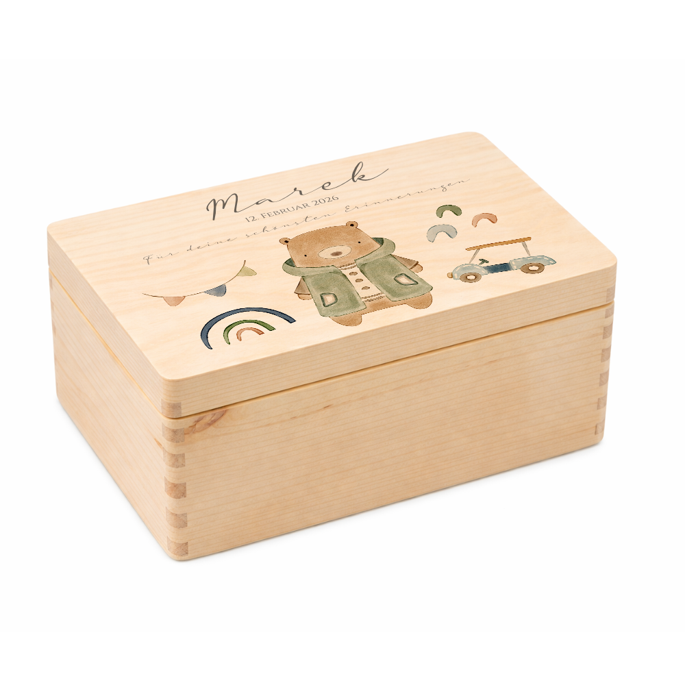 Personalisierte Holzkiste mit Name – Erinnerungskiste für Jungen mit Auto Motiv – Geschenk zur Geburt oder Taufe – 2 Größen
