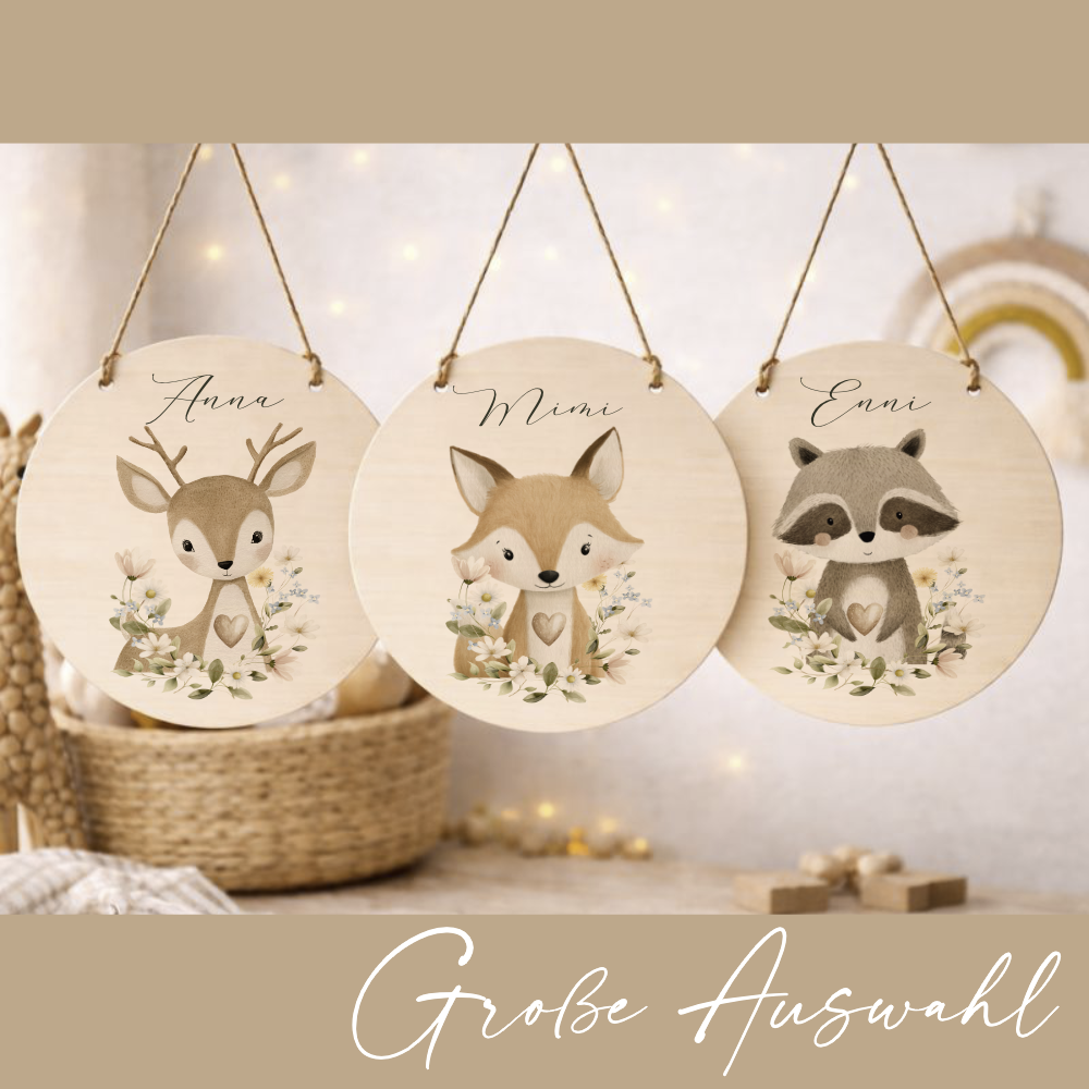 Personalisierte Holzschilder mit Namen – Süße Waldtiere Motive im Boho-Stil – Rundes Türschild & Wanddeko fürs Kinderzimmer 20cm