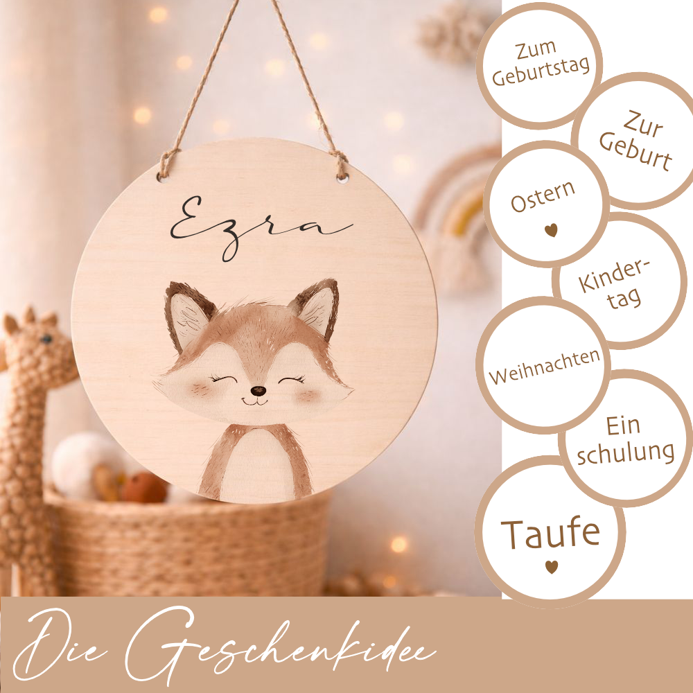 Personalisiertes Holzschild für Kinderzimmer – Türschild aus Holz mit Name & Tiermotiv – Geschenk zur Geburt & Taufe