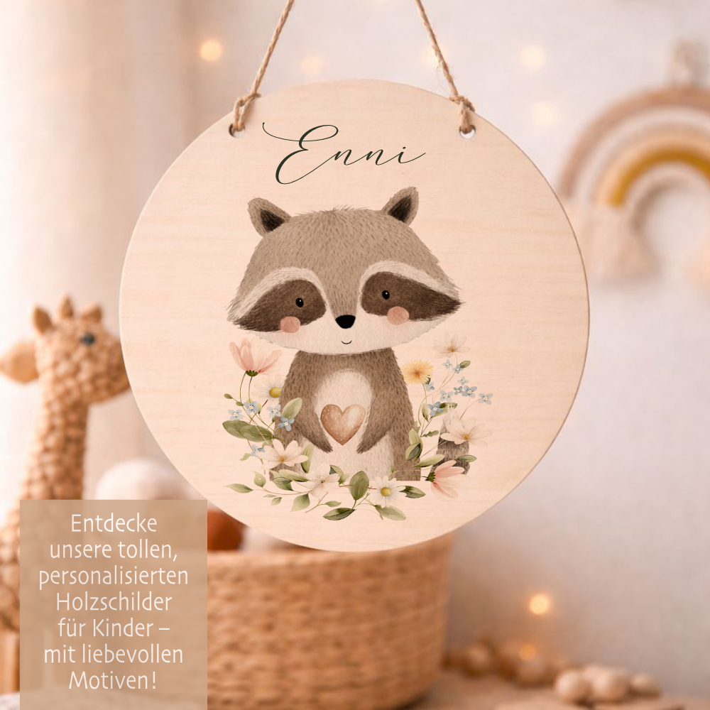 Personalisierte Holzschilder mit Namen – Süße Waldtiere Motive im Boho-Stil – Rundes Türschild & Wanddeko fürs Kinderzimmer 20cm