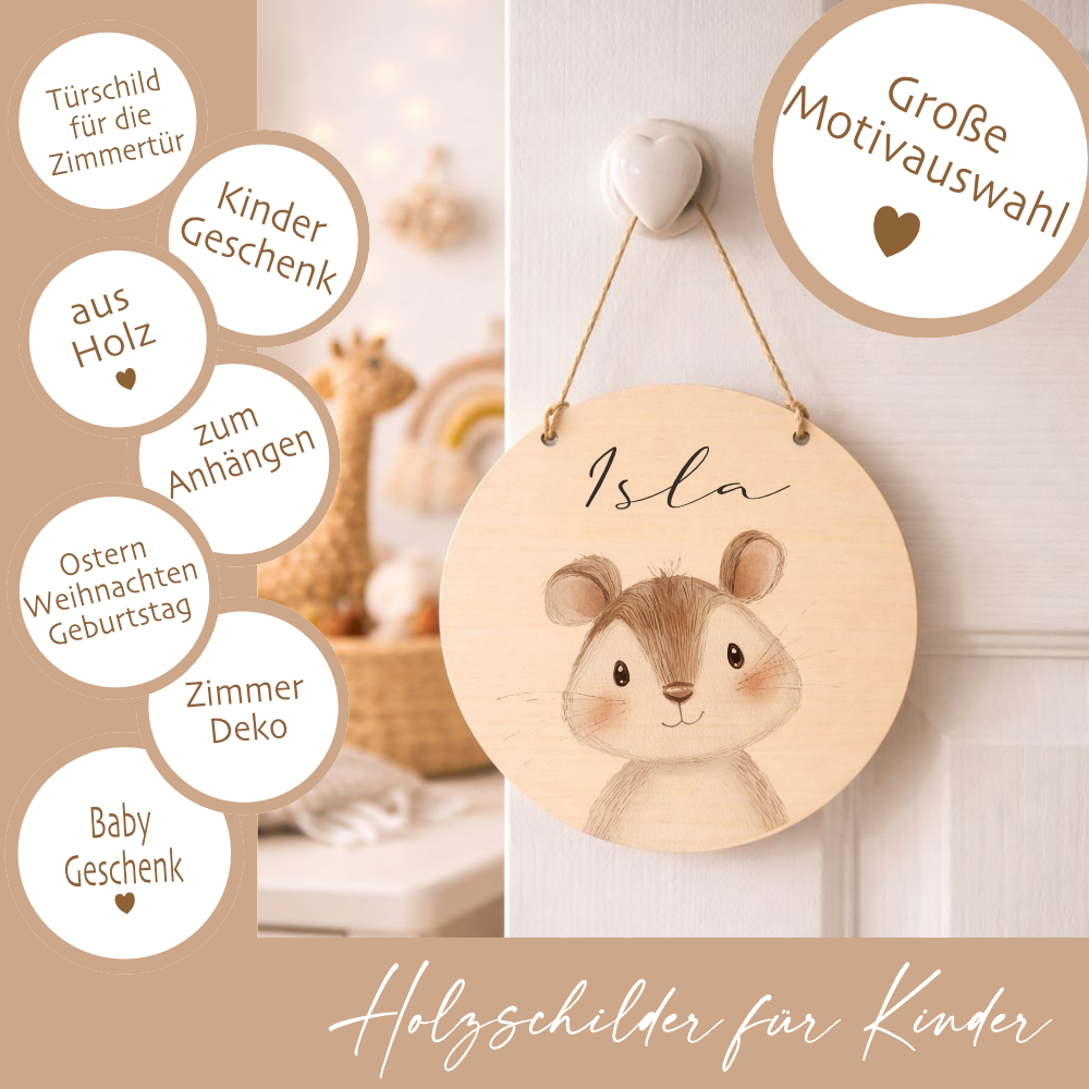 Personalisiertes Holzschild für Kinderzimmer – Türschild aus Holz mit Name & Tiermotiv – Geschenk zur Geburt & Taufe