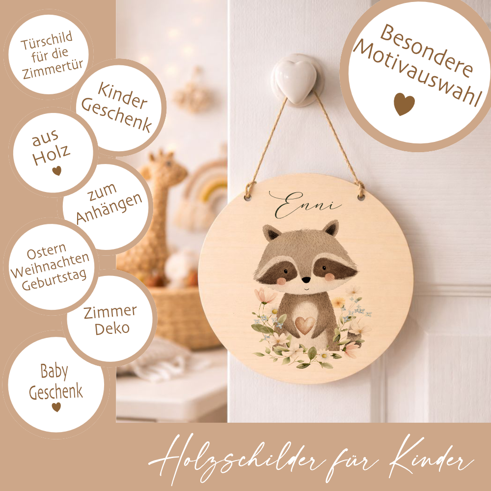 Personalisierte Holzschilder mit Namen – Süße Waldtiere Motive im Boho-Stil – Rundes Türschild & Wanddeko fürs Kinderzimmer 20cm