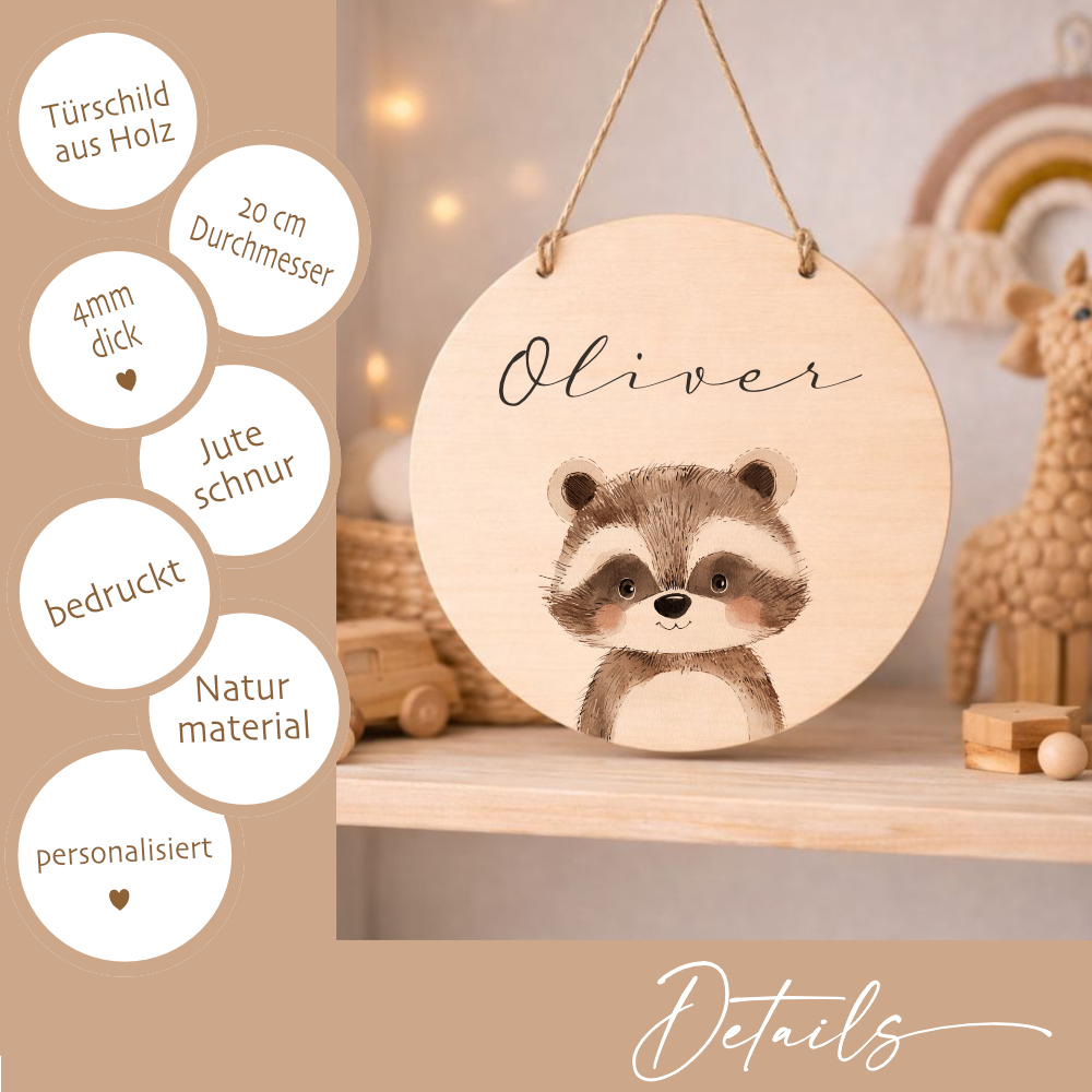 Personalisiertes Holzschild für Kinderzimmer – Türschild aus Holz mit Name & Tiermotiv – Geschenk zur Geburt & Taufe