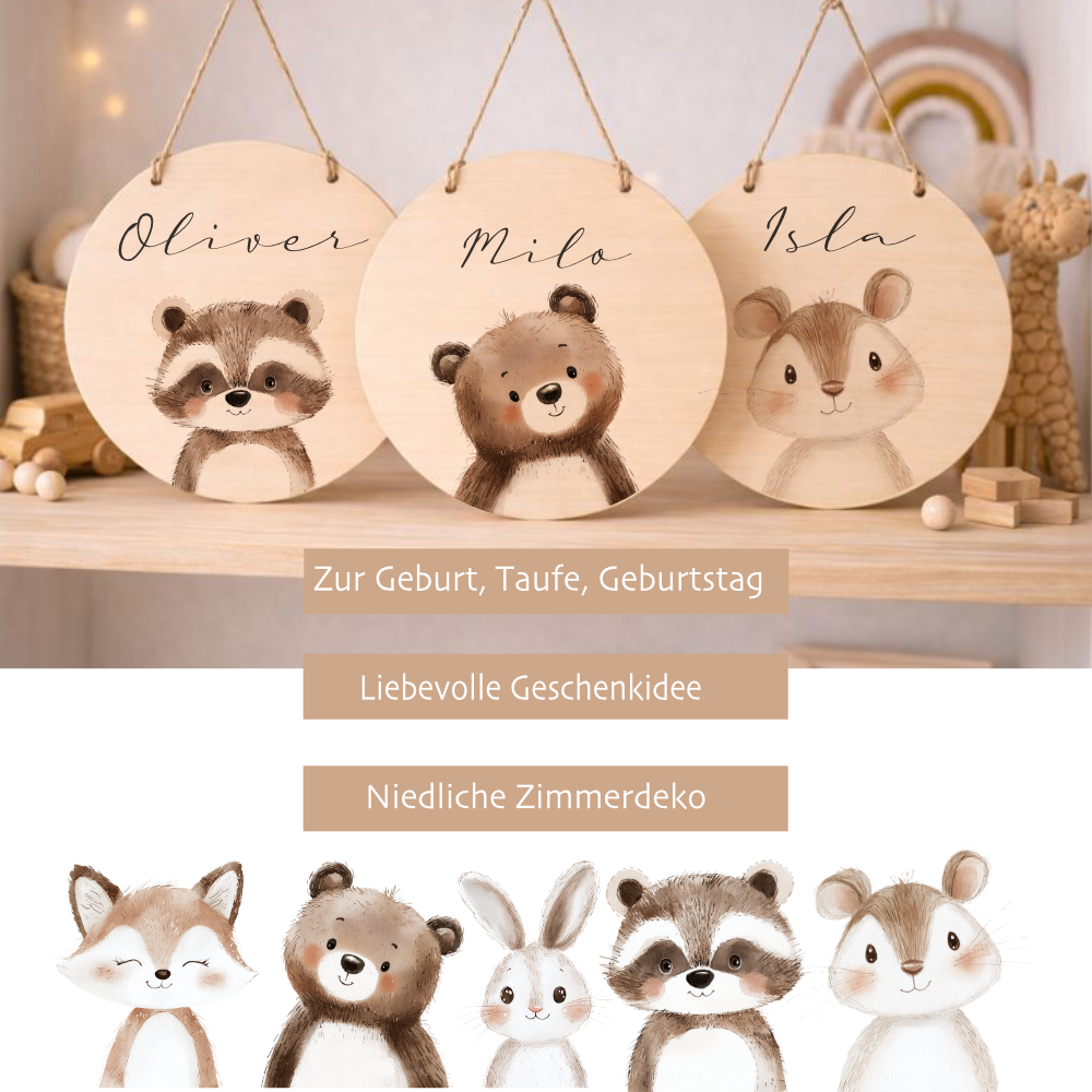 Personalisiertes Holzschild für Kinderzimmer – Türschild aus Holz mit Name & Tiermotiv – Geschenk zur Geburt & Taufe