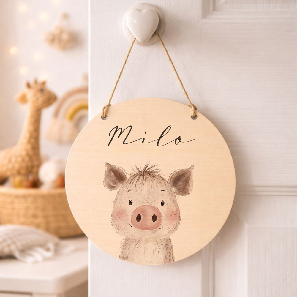 Personalisiertes Holzschild für Kinderzimmer – Türschild aus Holz mit Name & Tiermotiv – Geschenk zur Geburt & Taufe