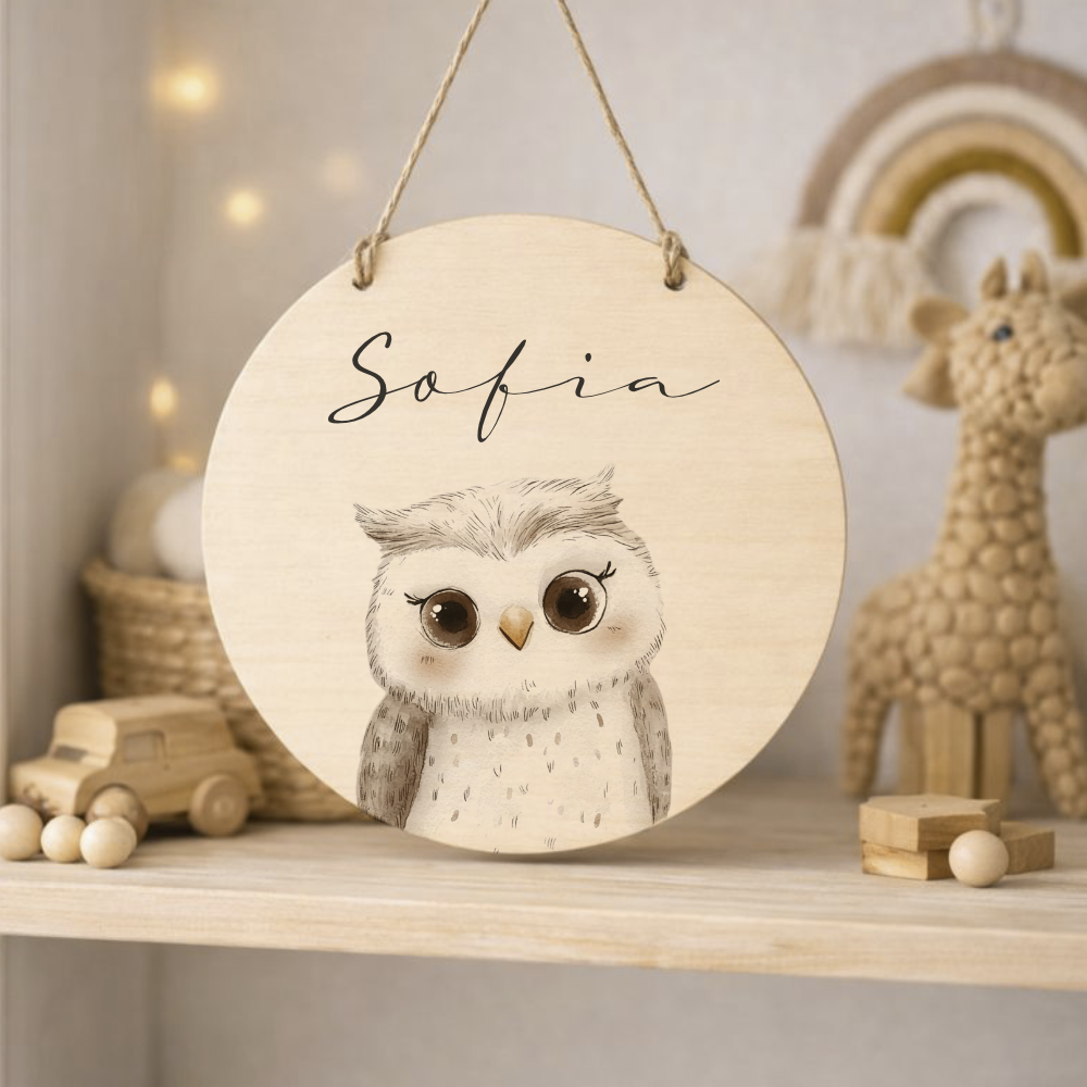 Personalisiertes Holzschild für Kinderzimmer – Türschild aus Holz mit Name & Tiermotiv – Geschenk zur Geburt & Taufe