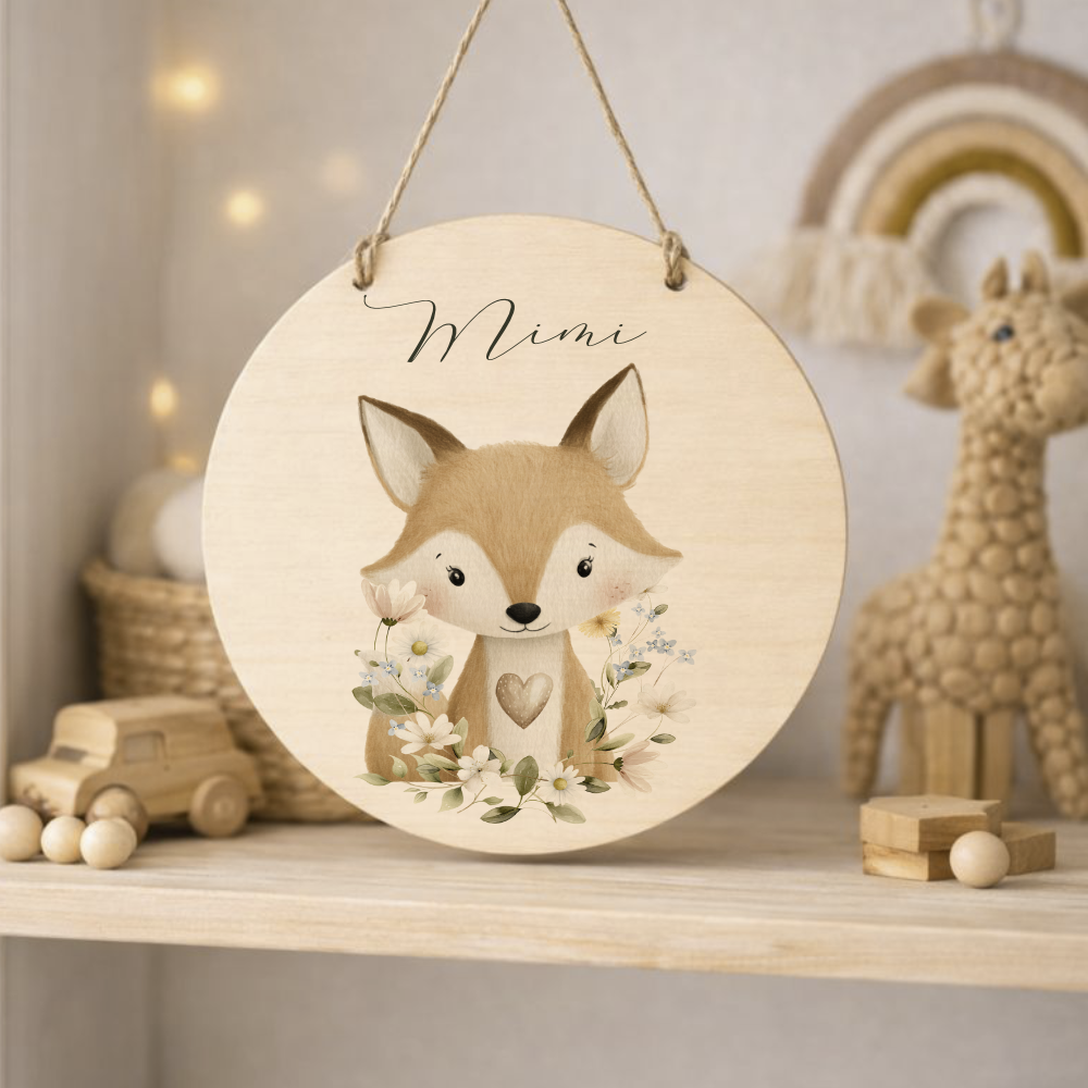 Personalisierte Holzschilder mit Namen – Süße Waldtiere Motive im Boho-Stil – Rundes Türschild & Wanddeko fürs Kinderzimmer 20cm