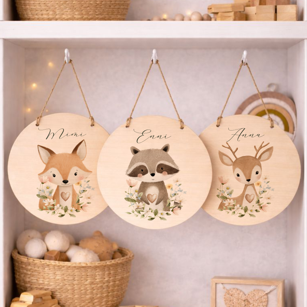 Personalisierte Holzschilder mit Namen – Süße Waldtiere Motive im Boho-Stil – Rundes Türschild & Wanddeko fürs Kinderzimmer 20cm