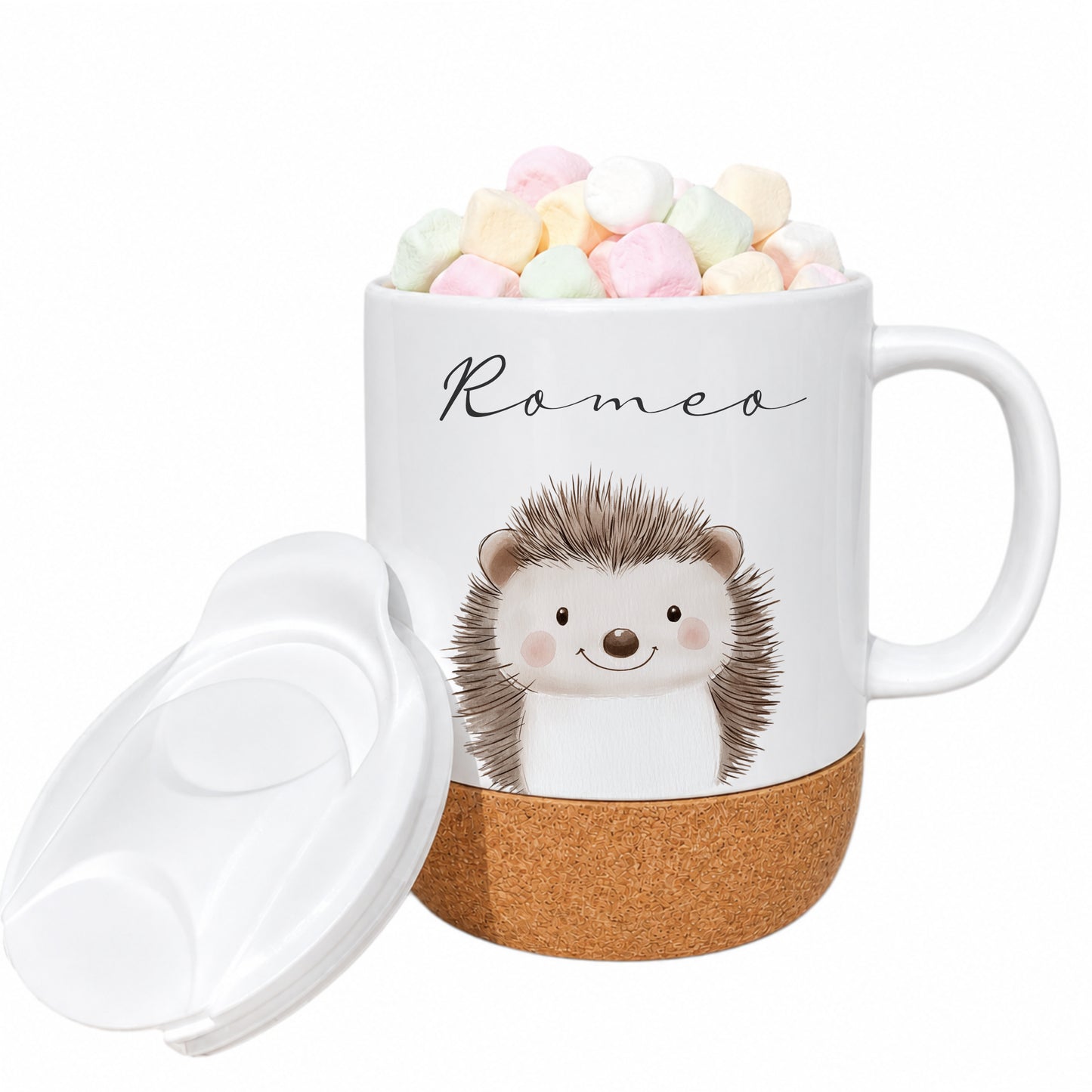 Personalisierte Kindertasse mit Name – Keramiktasse mit Korkboden & Deckel | 12 Tiermotive