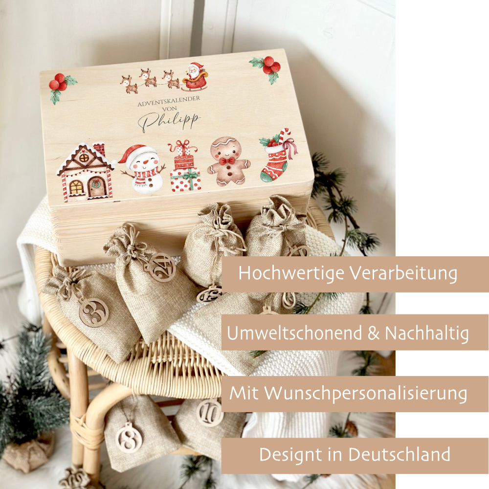 Adventskalender zum Befüllen für Kinder, Personalisierte Adventskiste mit Weihnachtsmotiv