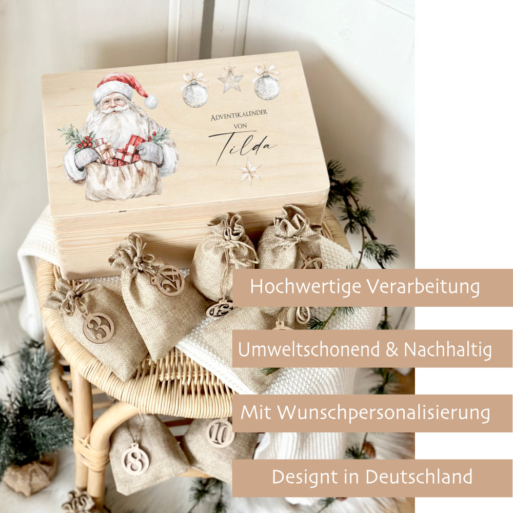 Personalisierter Adventskalender, Adventskiste mit Namen, Holzkiste, Motiv: Weihnachtsmann