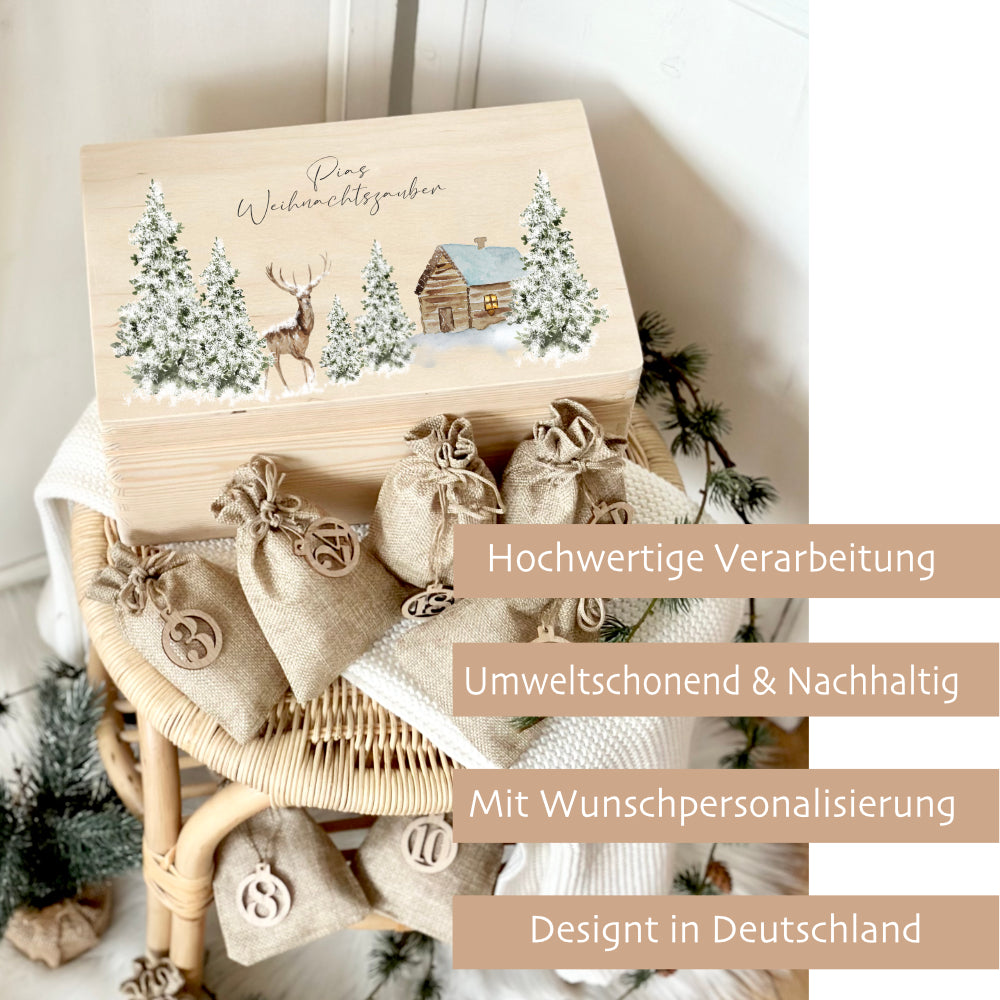 Personalisierter Adventskalender zum Befüllen, Adventskiste mit Winterlandschaft