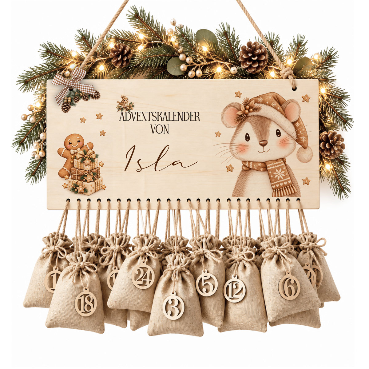 Personalisierter Adventskalender aus Holz mit Namen – 6 Tiermotive