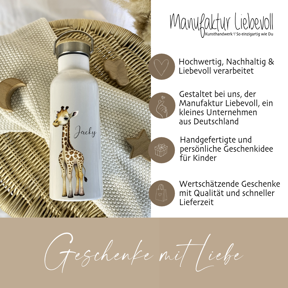 Trinkflasche Giraffe mit Namen für Kinder als Geschenkidee