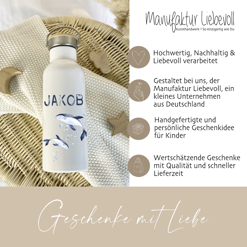 Personalisierte Kinder Trinkflasche „Wal" mit Namen für Mädchen /Jungen | Edelstahl Thermosflasche für Kita Schule 500ml