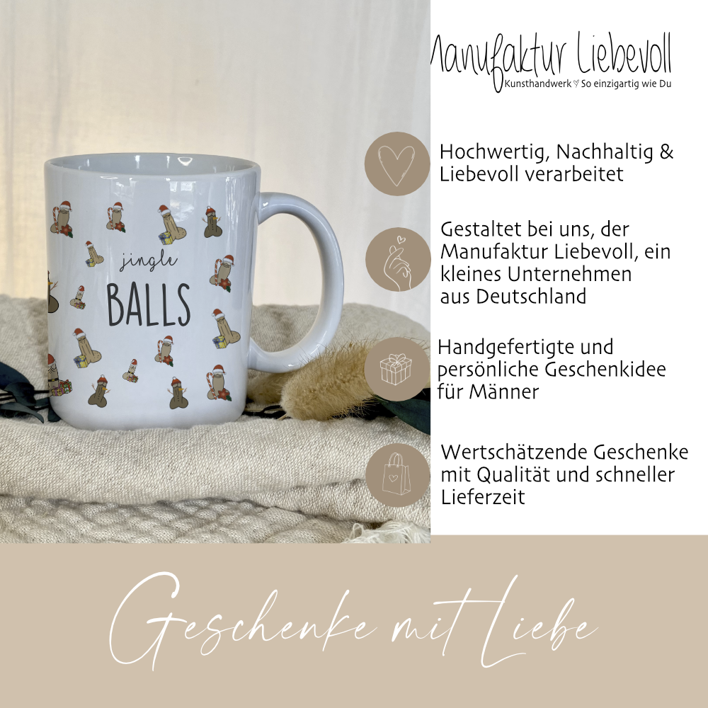 Lustige Tasse mit Penismotiv und Spruch "Jingle Balls"