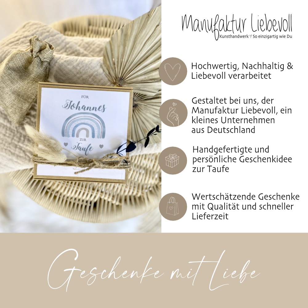 Taufgeschenk mit Namen, Datum und Spruch für Jungen