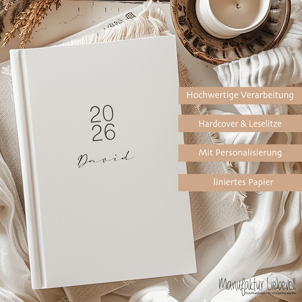 Personalisierter Terminplaner 2026 Din A5 | Minimalistischer Buchkalender mit Name | Weißes Hardcover – Manufaktur Liebevoll