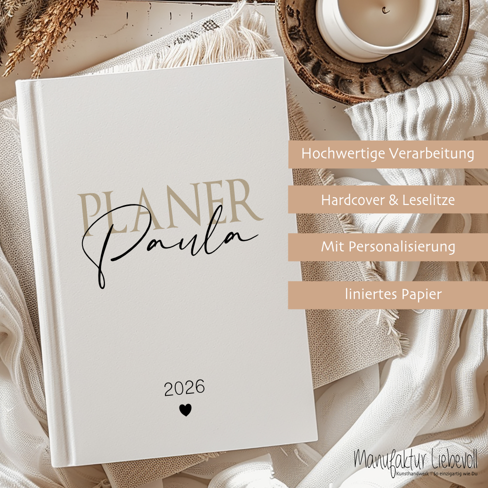 Personalisierter Terminplaner 2026 Din A5 | Hardcover Buchkalender mit Name | Weißes Cover, Modernes Design