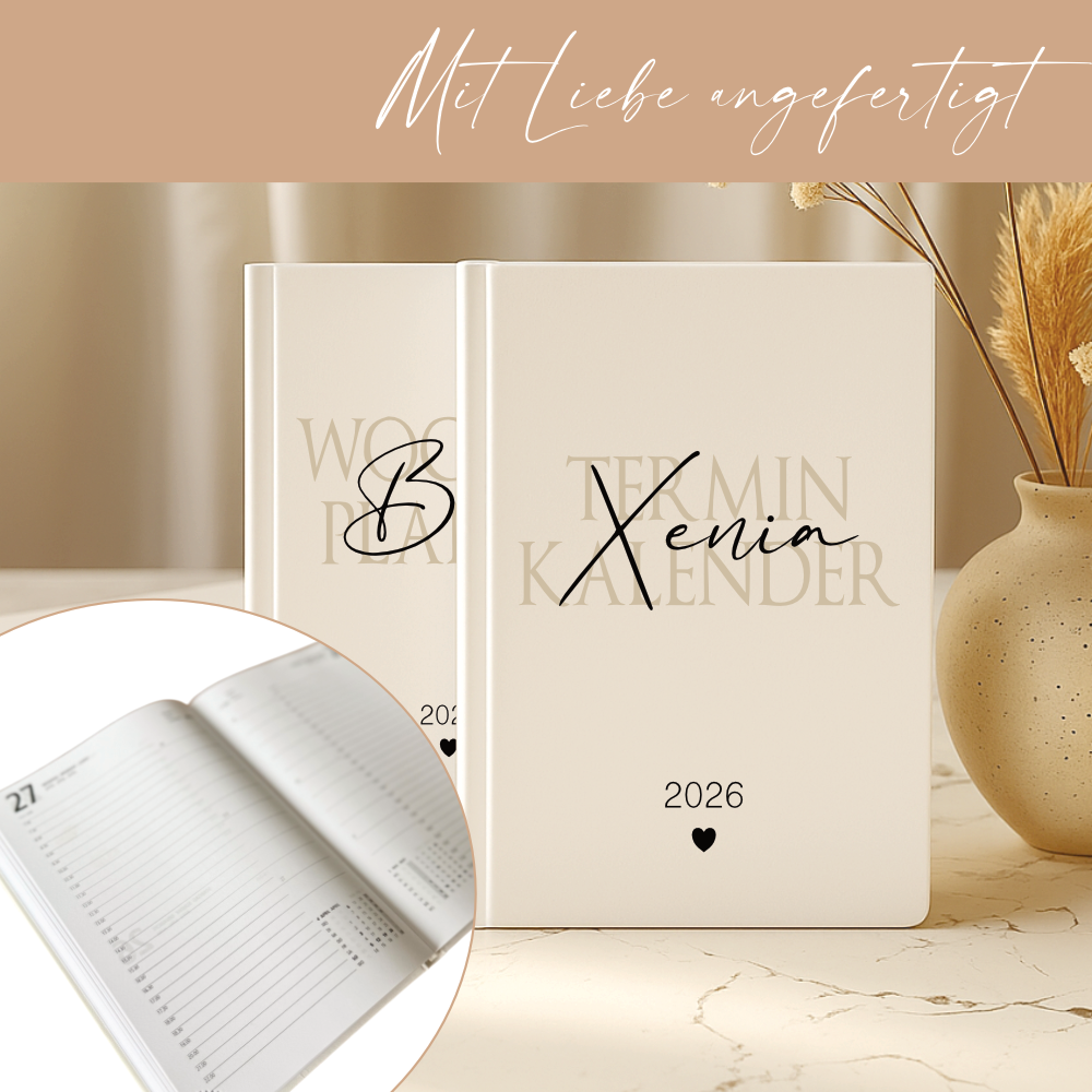 Personalisierter Terminplaner 2026 Din A5 | Hardcover Buchkalender mit Name | Weißes Cover, Modernes Design