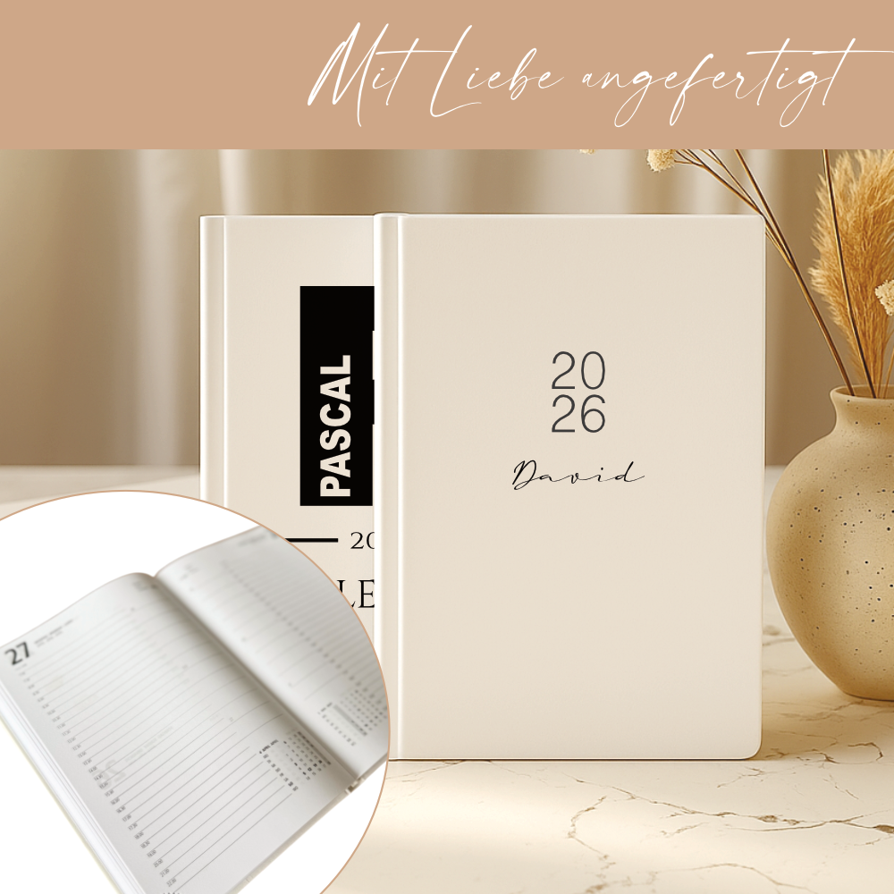 Personalisierter Terminplaner 2026 Din A5 | Minimalistischer Buchkalender mit Name | Weißes Hardcover – Manufaktur Liebevoll