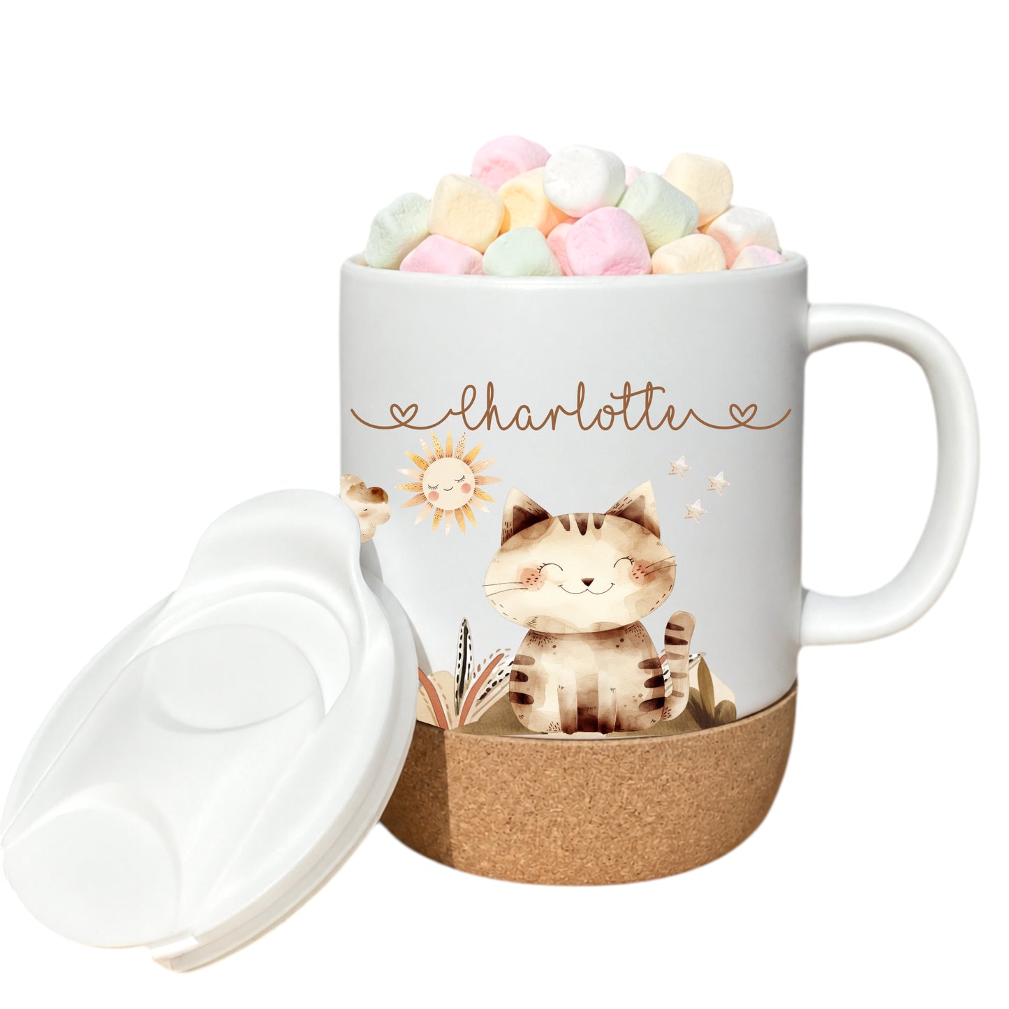 Personalisierte Kindertasse mit Namen – Keramiktasse mit Korkboden & Deckel | 14 Motive zur Auswahl