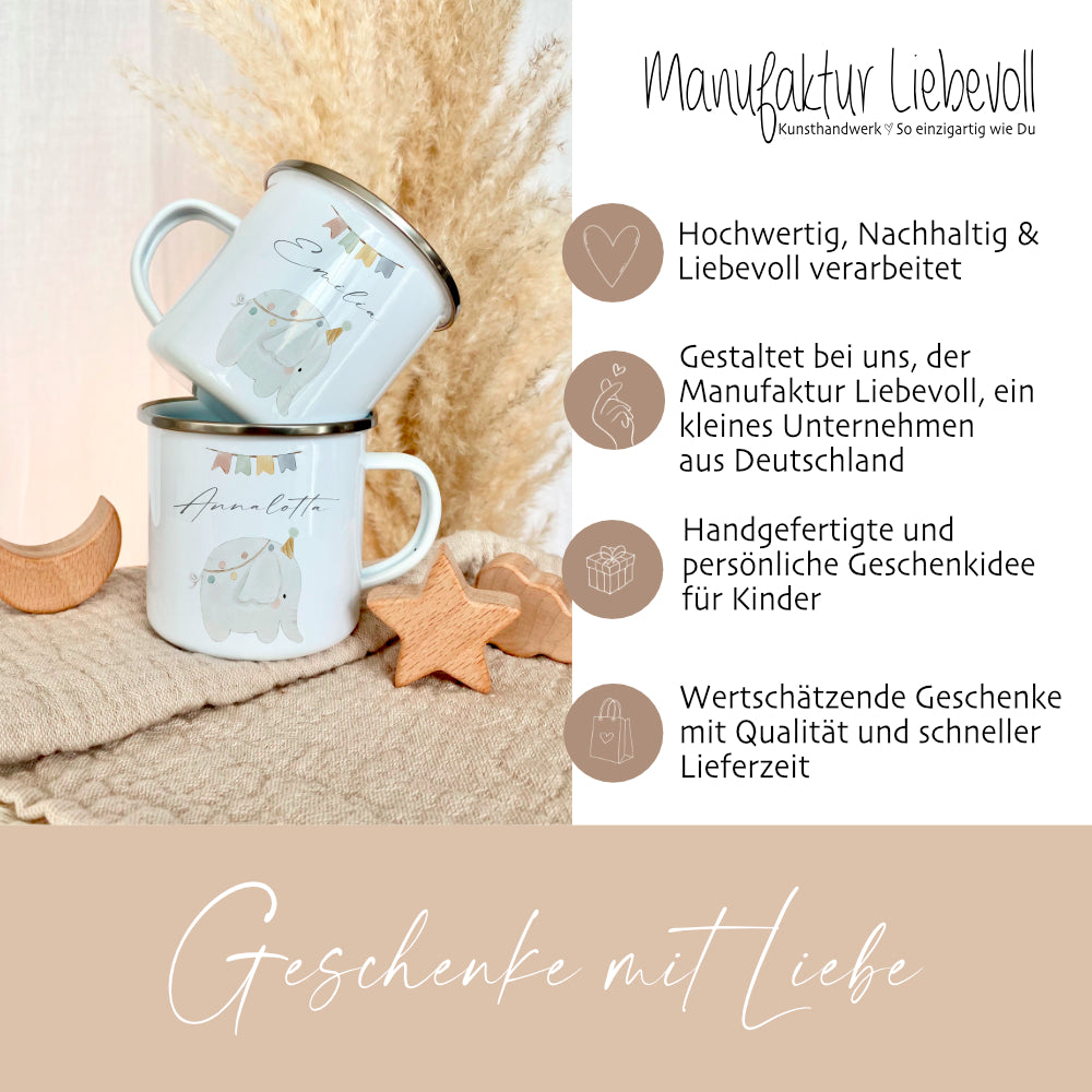 Personalisierte Kindertasse aus Emaille mit Elefant