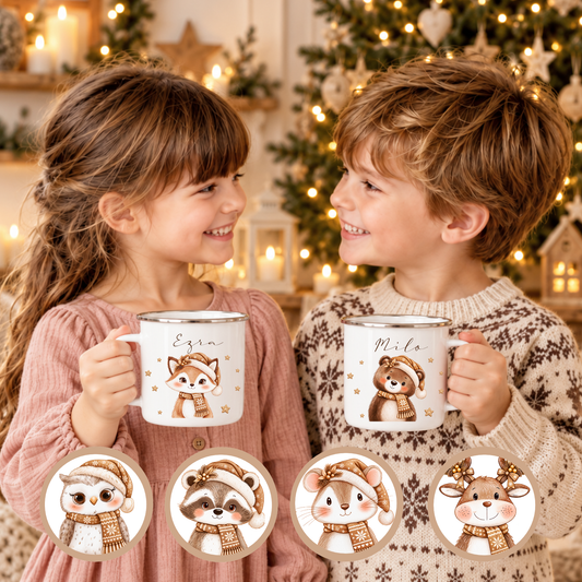 Kindertasse mit Namen Weihnachten, Emaille Tasse personalisiert I Nikolausgeschenk Kinder I Weihnachtstasse Mädchen Jungen I 6 Tiermotive