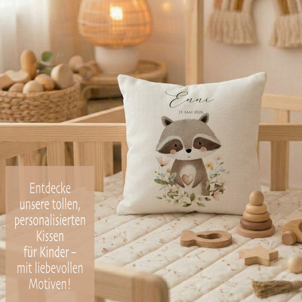 Personalisierte Kinderkissen mit Namen – Süße Waldtiere Motive im Boho-Stil – Flauschiges Kuschelkissen inkl. Füllung zur Geburt & Taufe