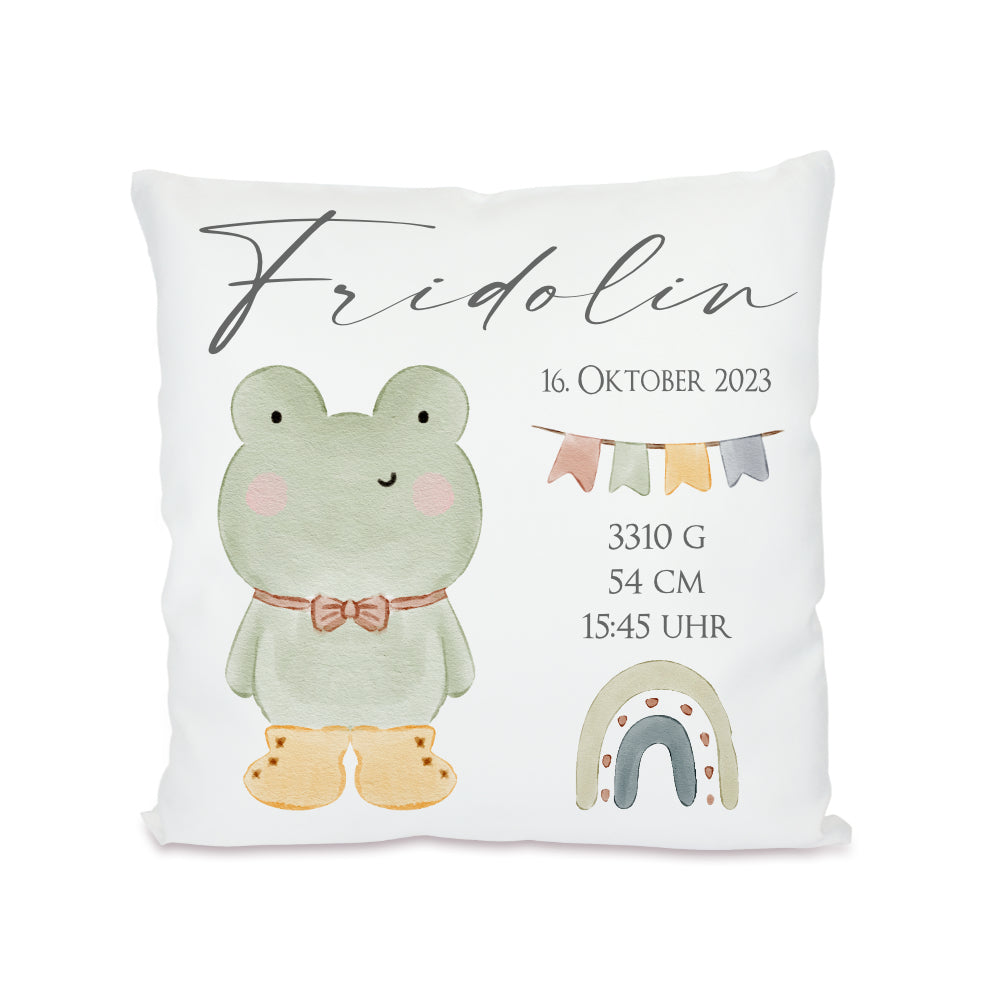 Personalisiertes Babygeschenk, Kissen zur Geburt mit Geburtsdaten, Motiv: Frosch